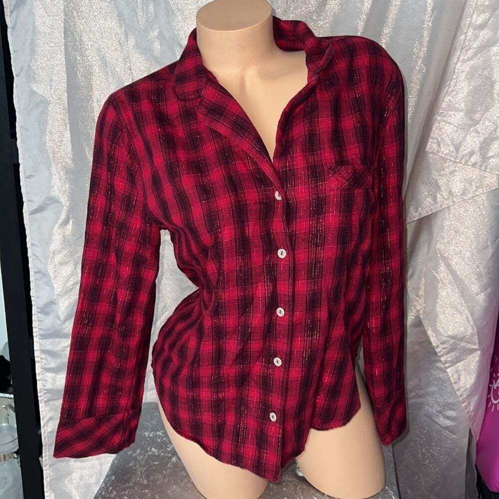 Victoria secret sparkle top button up pj red plaid glitter black purple cute
